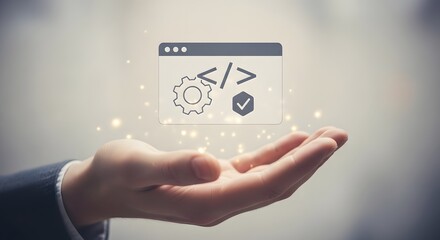 A hand holds a digital web page icon with coding and gear symbols, suggesting website development or maintenance.