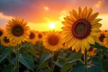 Obraz premium Vibrant sunflowers bask in the warm glow of a breathtaking sunrise, their golden petals radiating energy and beauty A stunning display of nature's artistry at dawn , warm, flora