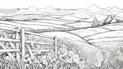 Fototapeta premium Line drawing countryside landscape