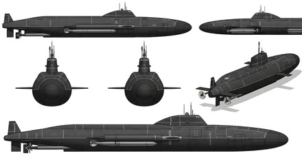 Multiple views of a dark-colored submarine, showing detailed exterior design and structure.