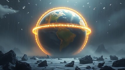 Prehistoric Earth wrapped in luminous rings with diamond shards raining onto cratered terrain.