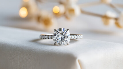 Elegant Diamond Engagement Ring on Soft Fabric with Bokeh Lights