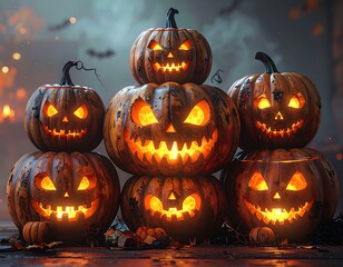 Stacked jack-o'-lanterns in spooky Halloween scene