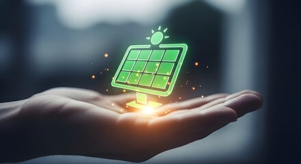 A hand gently cradles a glowing, digital solar panel, symbolizing clean energy and sustainable technology.