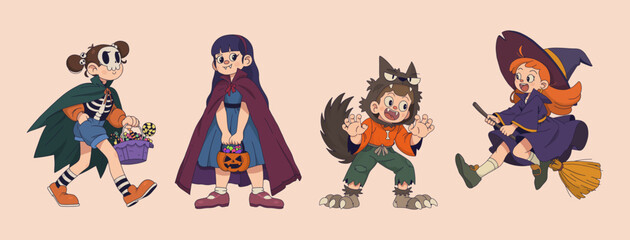 Set of Cartoon Halloween Kids. Cute Trick or Treat Scene