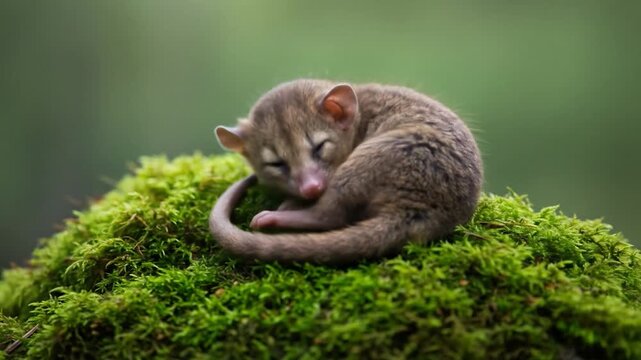 Sleeping Dormouse: Tiny Mammal Curled on Mossy Bed in Lush Green Forest