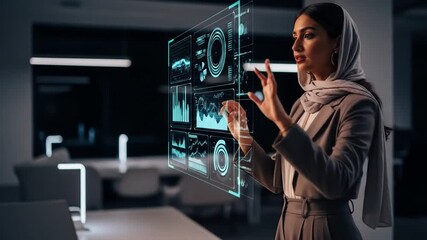 Futuristic executive using holographic technology for data analysis in office space - Powered by Adobe