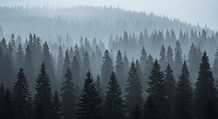 Obraz premium 霧深く静寂な深い森 神秘的な影絵 暗い針葉樹の風景. AI Generated