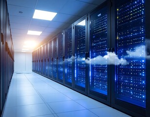 Server room with rows of illuminated server racks