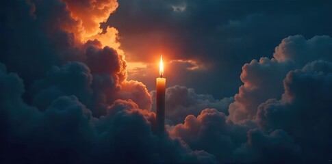 Obraz premium A single, flickering candle flame against a backdrop of dark, swirling clouds, symbolizing the hope and journey towards spiritual release and enlightenment , liberation, dark