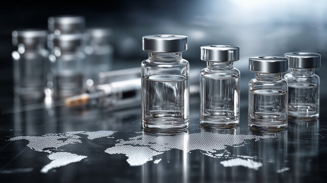 Glass vaccine vials and syringe on world map background  