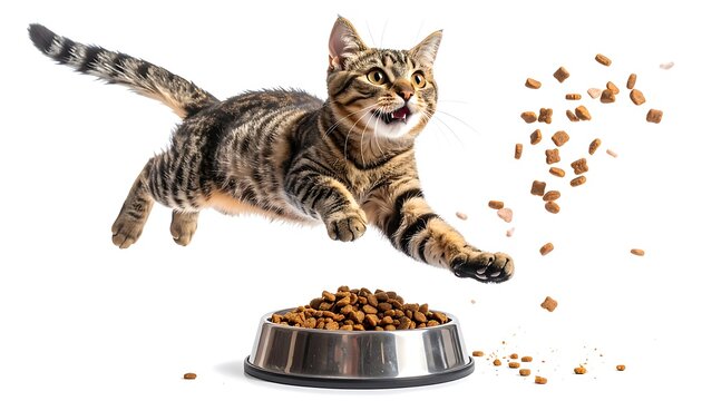 Cat leaps at food bowl