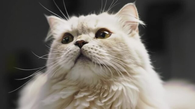 Close-up of an adorable, light grey cat with vivid sapphire eyes, cautiously peeking over a bright white ledge, its gaze fixed intently on something above, with ample negative space in a minimalist wh