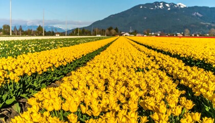 Fototapeta premium Wide shot of a vibrant yellow tulip field stretching towards a mountain range