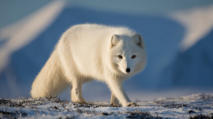 Arctic fox walking across snow - covered tundra at sunrise with mountain backdrop, a beautiful wildlife scene for nature lovers. (北极狐在日出时走过积雪覆盖的冻原，背后是山脉，这是一幅吸引自然爱好者的美丽野生动物场景。)