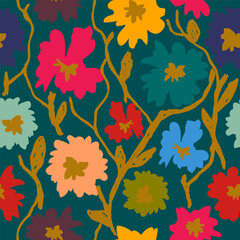 Abstract Botanical Seamless Pattern. Colorful Floral Background. Flower Pattern. Hand Drawn Colorful Flowers Ornament. Botanical Design for Textile, Fabric and Wrapping Paper. Vector Illustration