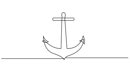 Anchor Continuous One Line Drawing. Minimalistic Simple Linear Illustration of Anchor Contour Hand Drawn Style. Simple One Line Art for Ocean Travel, Marine, Business Design.