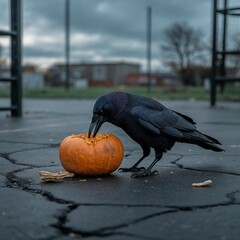 Crow pecking at pumpkin on cracked pavement in cloudy weather 
