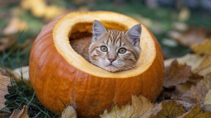 Cat sitting inside a pumpkin surrounded by autumn leaves 