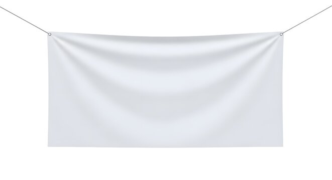 A blank white banner hangs suspended from two thin, silver strings, ready for text.