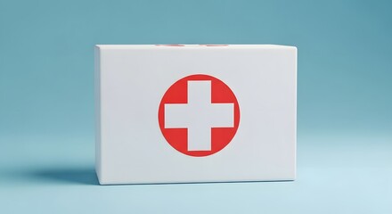 Obraz premium A white first-aid kit box with a red cross symbol, displayed against a light blue background.