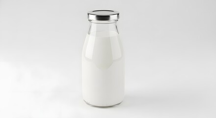 A glass bottle filled with white milk, sealed with a silver cap, isolated against a white background.