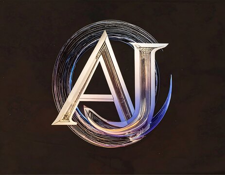 Metallic monogram "AJ" in a swirling, stylized circle