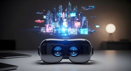 A virtual reality headset displays a futuristic cityscape with glowing digital elements.