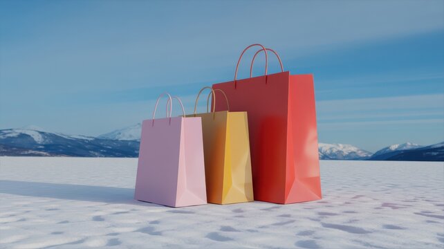 Three colorful shopping bags on a snowy landscape with mountains pink yellow - Powered by Adobe