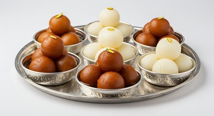 Assortment of Indian Sweets: Gulab Jamun and Rasgulla in Silver Bowls on a Tray