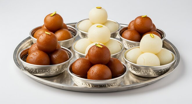 Assortment of Indian Sweets: Gulab Jamun and Rasgulla in Silver Bowls on a Tray