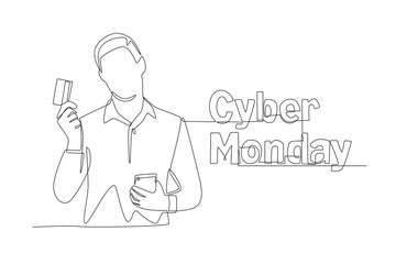Man shopping online with credit card. Cyber monday concept one-line drawing