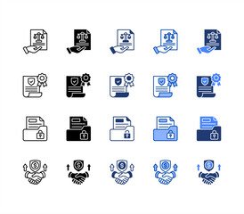 Enforcement, Confidential, Guarantee, Commitment, multiple style icon set.