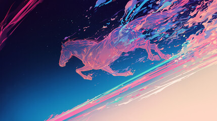 カラフルな雲の中を駆ける馬