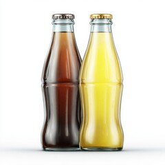 A pair of glass bottles containing drinks, one colored red and the other yellow, are set against a black background