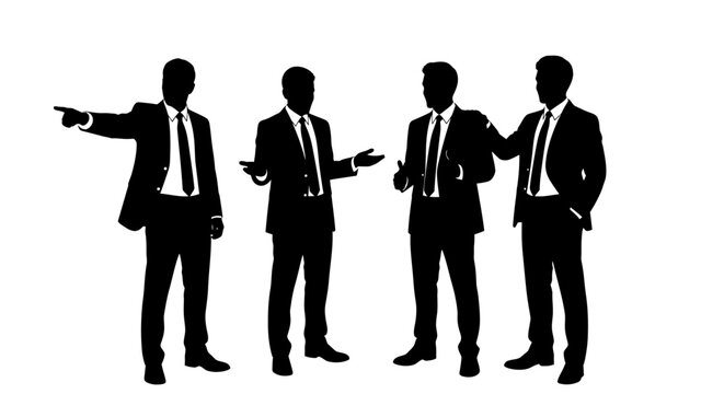 Silhouette of four businessmen in suits, engaged in a discussion or presentation, with one pointing.