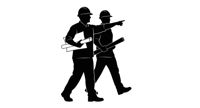 Two construction workers in silhouette, walking and pointing, carrying blueprints.