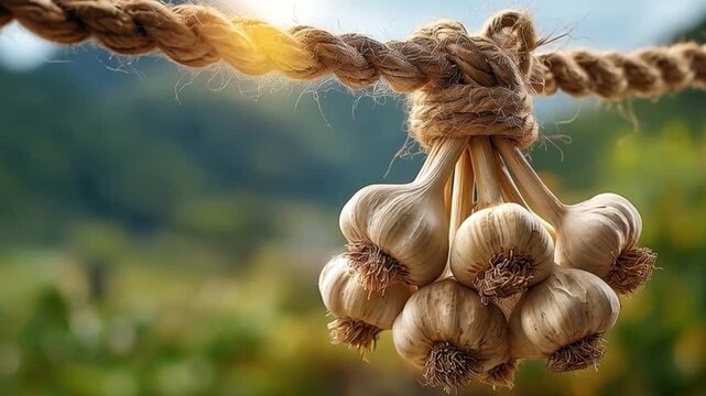 Fresh Garlic Bulbs Hanging with Natural Background in Sunset Light