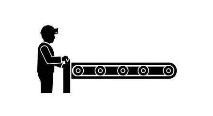 A worker operates a conveyor belt in a simple, black and white illustration.