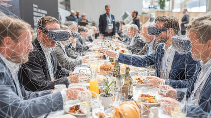 Virtual reality conference with avatars discussing business strategies, a tech innovation for corporate presentations. (虚拟实境会议中，虚拟形象正在讨论商业策略，这是适合企业演示的科技创新场景。)