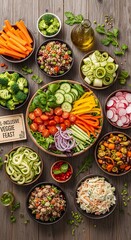 Fototapeta premium A colorful array of fresh vegetables, salads, and grains, showcasing a healthy and diverse vegetarian meal.