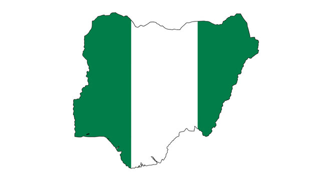 A green and white map of Nigeria outlined in black is set against a stark white background
