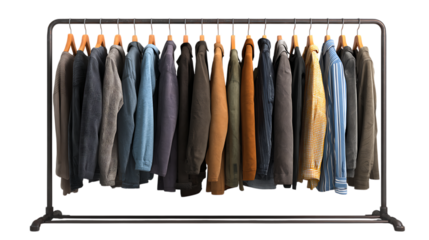 Clothes hanging on a rack isolated on transparent background, including jackets, shirts, and sweaters for all seasons