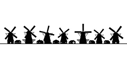 A row of classic Dutch windmills and houses, silhouetted against a white background.