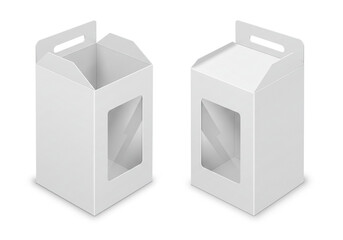 Fototapeta premium Clean white display boxes with clear window, perfect for product packaging and retail presentation