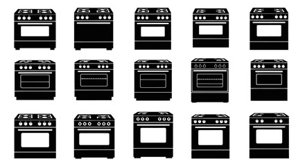 Obraz premium Various black silhouettes of modern gas stoves and ovens.