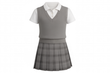 Classic school uniform composed by grey sweater, white polo shirt and grey tartan skirt on transparent background