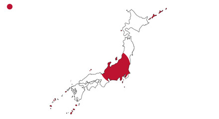 Japan flagthemed map Red circle Crimson color Isolated