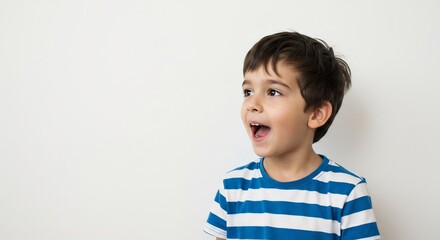 明るい室内 笑顔で話す子供 爽やか青ストライプシャツ. AI Generated