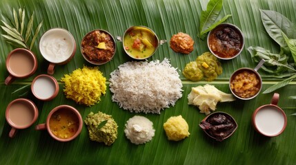 Authentic Traditional Onam Sadya Vegetarian Feast on Banana Leaf Premium Kerala Cuisine for Festive Seasonal Marketing and Cultural Social Media Campaigns